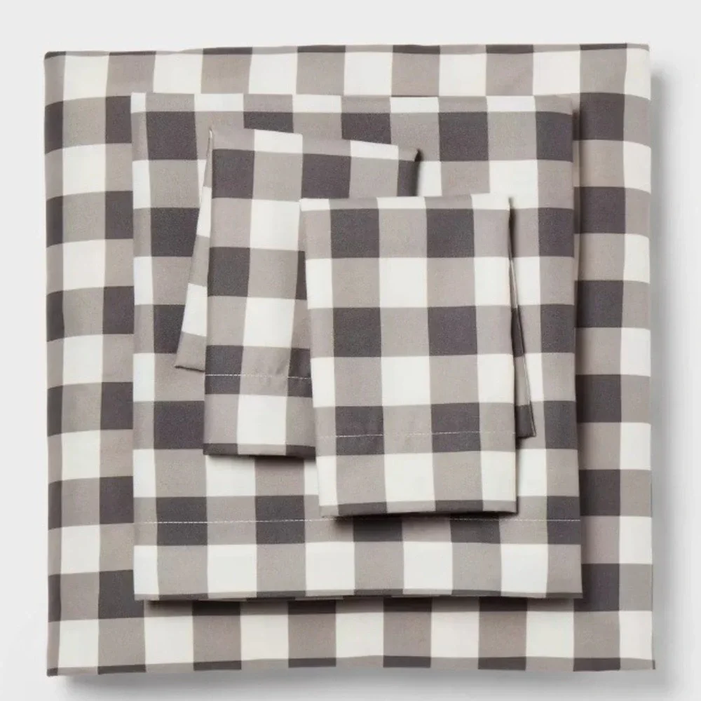 Full Microfiber Sheet Set Gray White Plaid Buffalo Check Bedding 4 Piece